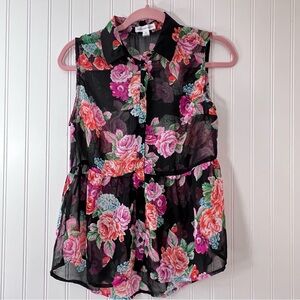 Medium Black Sheer Floral Blouse Top Peplum Oink Peach Floral Boho Festival Cute